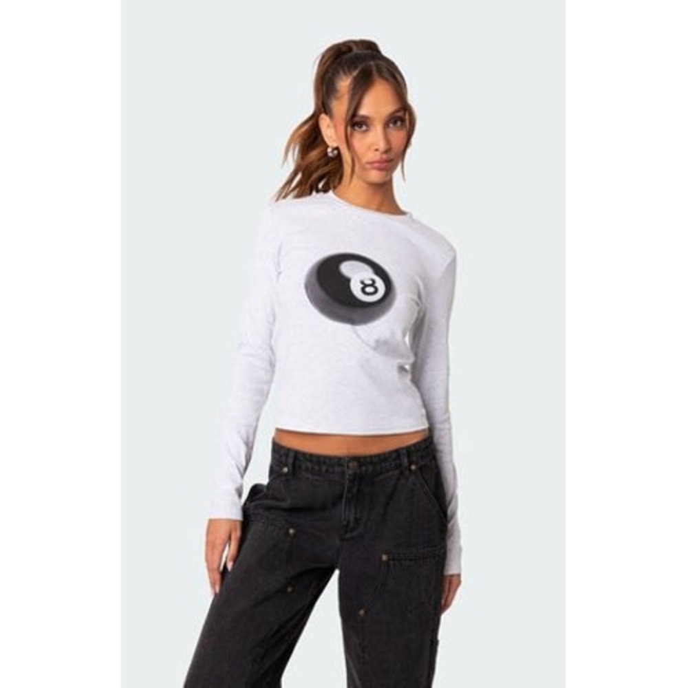 Edikted Womens 8 Ball Graphic Long Sleeve Cropped Top S Cyber Indie Skater